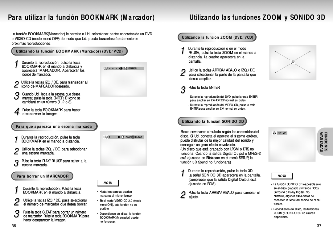 Samsung DVD-S223 Para utilizar la función BOOKMARK Marcador, Utilizando la función SONIDO 3D, Para borrar un MARCADOR 