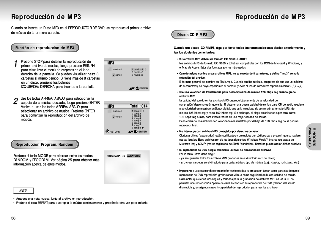 Samsung DVD-S323 manual Reproducción de MP3, Función de reproducción de MP3, Reproducción Program/Random, Discos CD-R MP3 