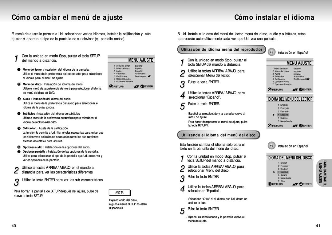 Samsung DVD-S423 manual Cómo cambiar el menú de ajuste, Cómo instalar el idioma, Utilización de idiomamenú del reproductor 
