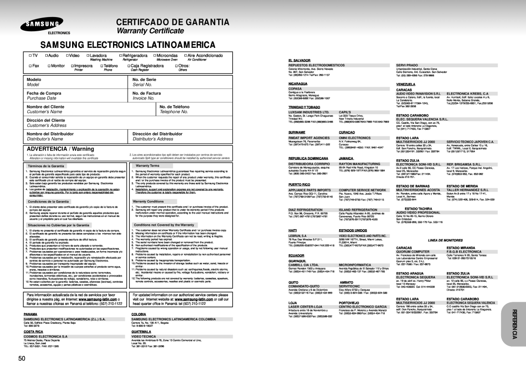 Samsung DVD-S323 Certifcado De Garantia, Samsung Electronics Latinoamerica, Warranty Certificate, ADVERTENCIA / Warning 