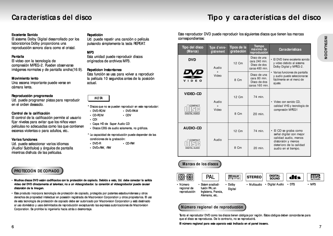 Samsung DVD-S223 Características del disco, Tipo y características del disco, Marcas de los discos, Protecciónde Copiado 