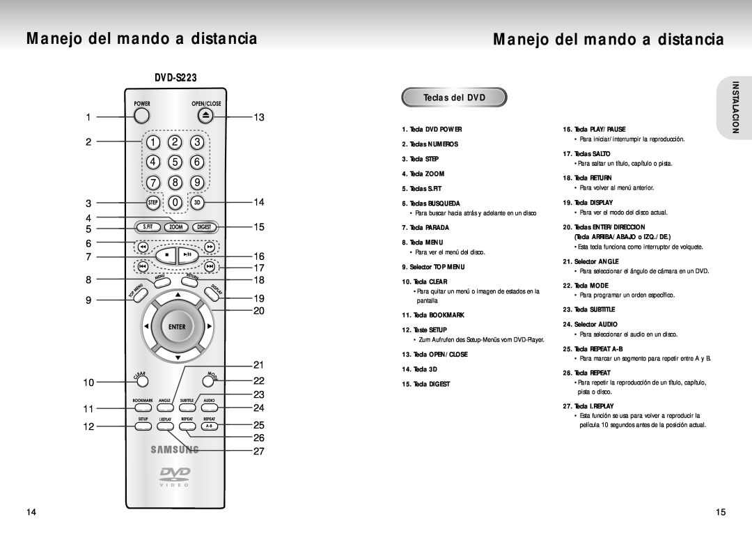 Samsung DVD-S323, DVD-S423 manual Manejo del mando a distancia, DVD-S223, Teclas del DVD, Instalacion 