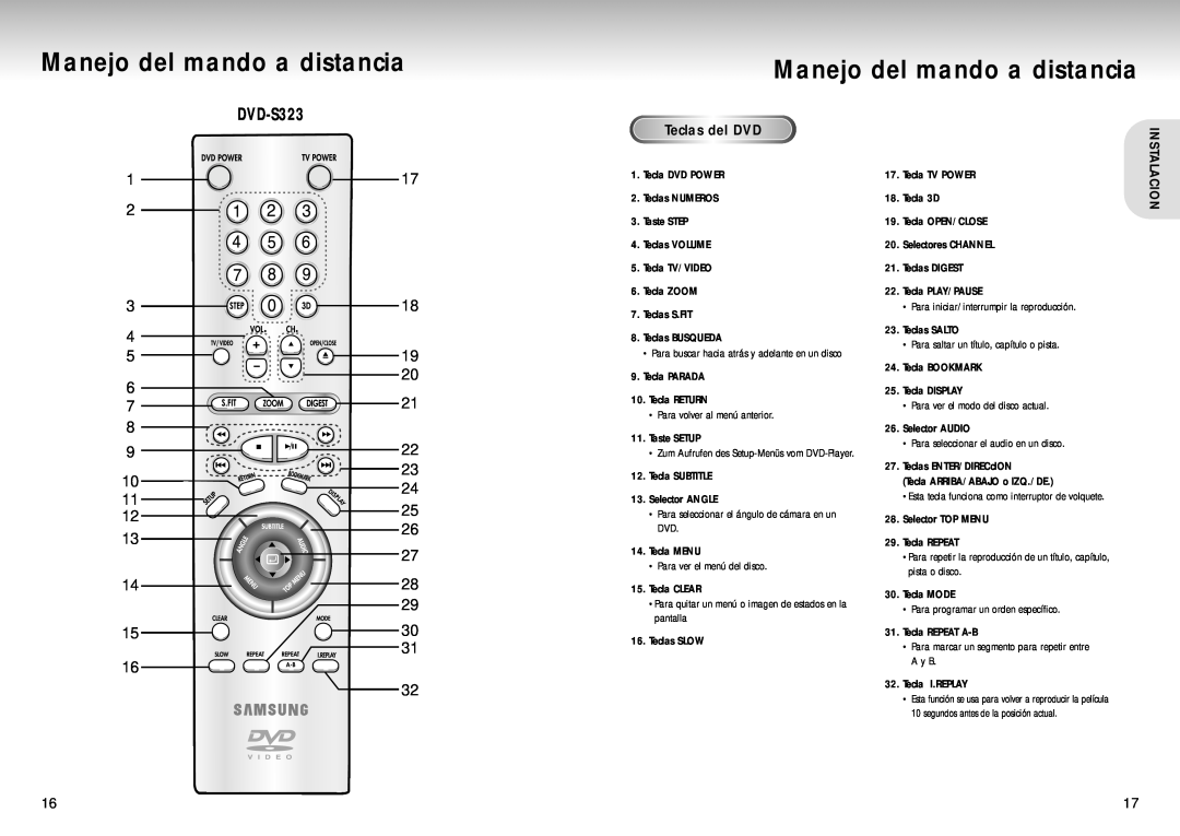 Samsung DVD-S423, DVD-S223 manual DVD-S323, Manejo del mando a distancia, Teclas del DVD, Instalacion 