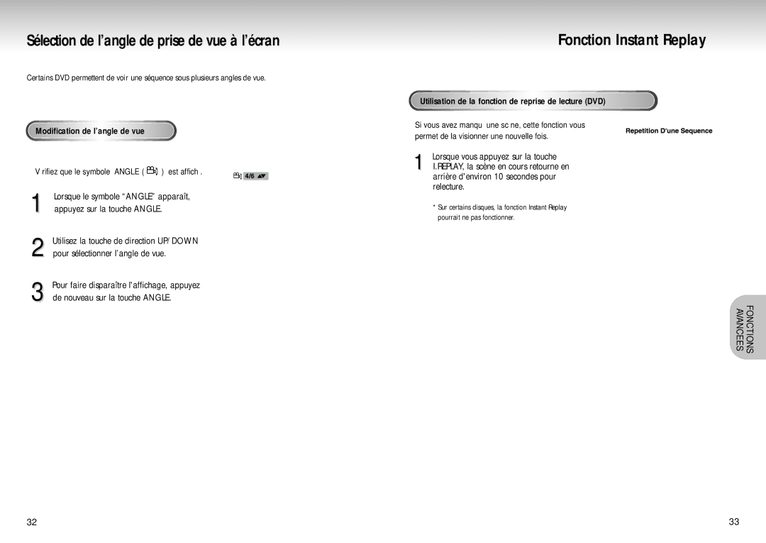 Samsung DVD-S424/XEF manual Sélection de l’angle de prise de vue à l’écran, Fonction Instant Replay 