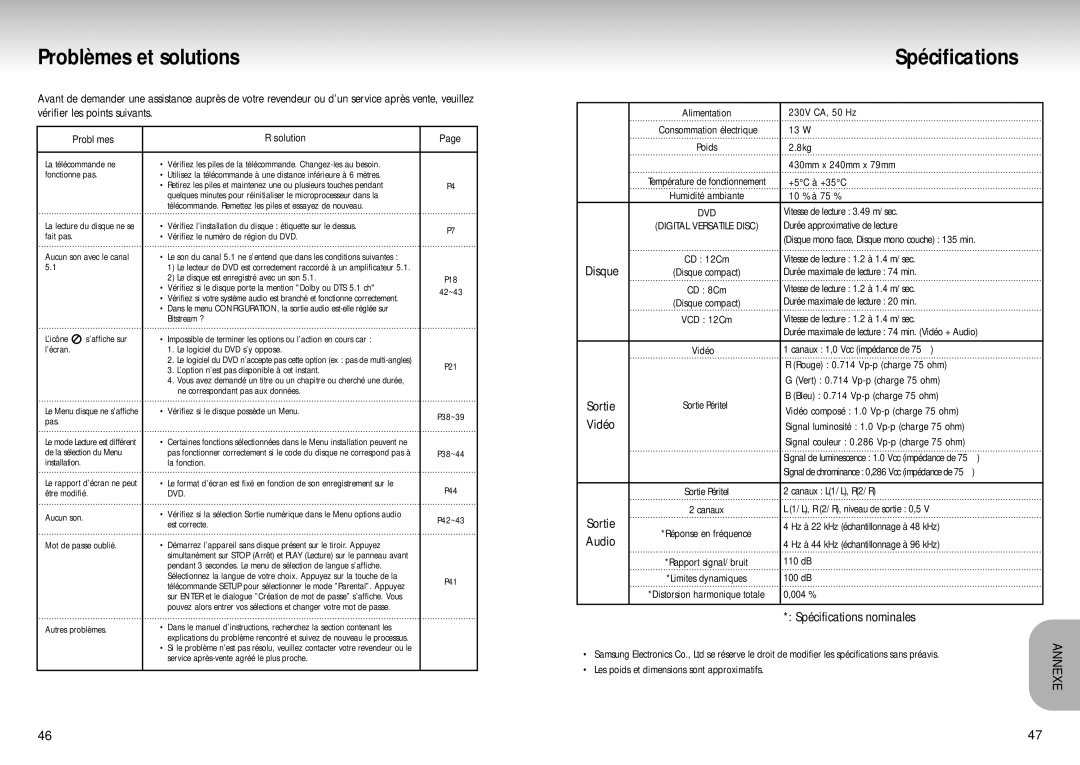 Samsung DVD-S424/XEF manual Problèmes et solutions, Général, Spécifications nominales, Audio 