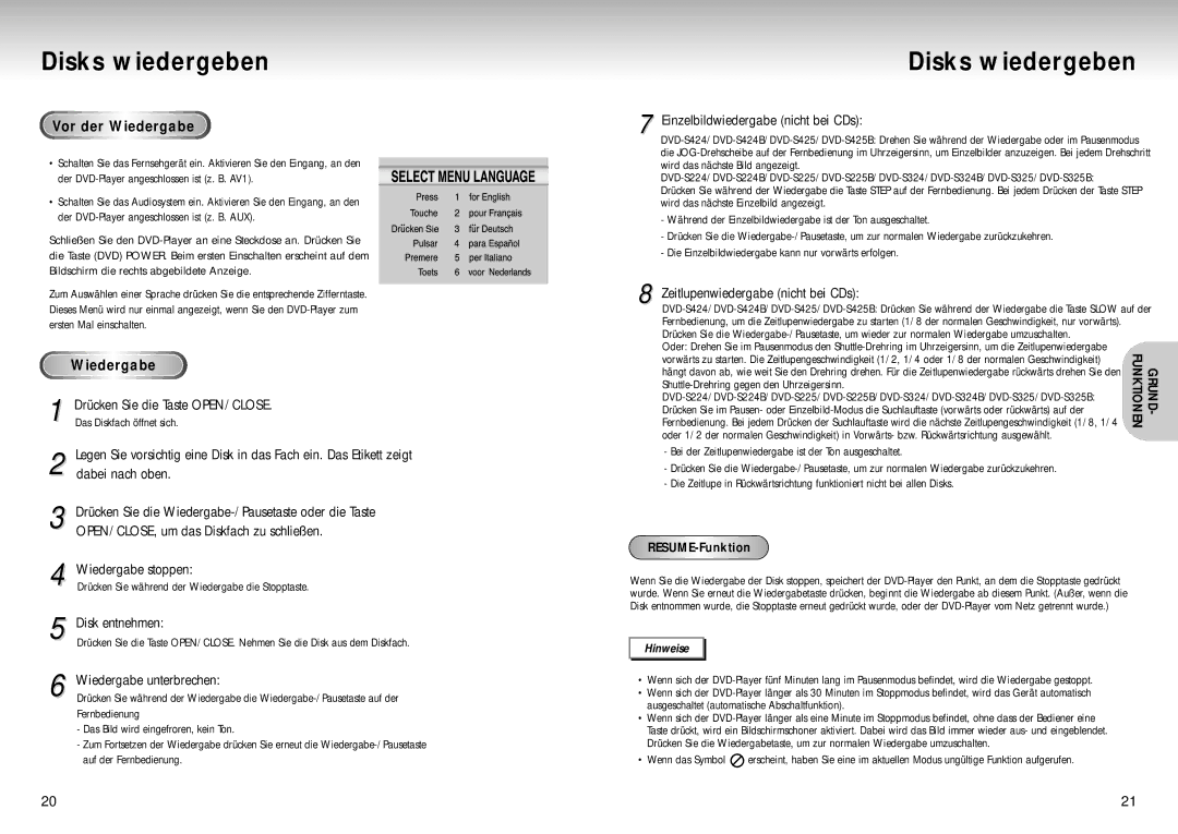 Samsung DVD-S424/XEG manual Disks wiedergeben 