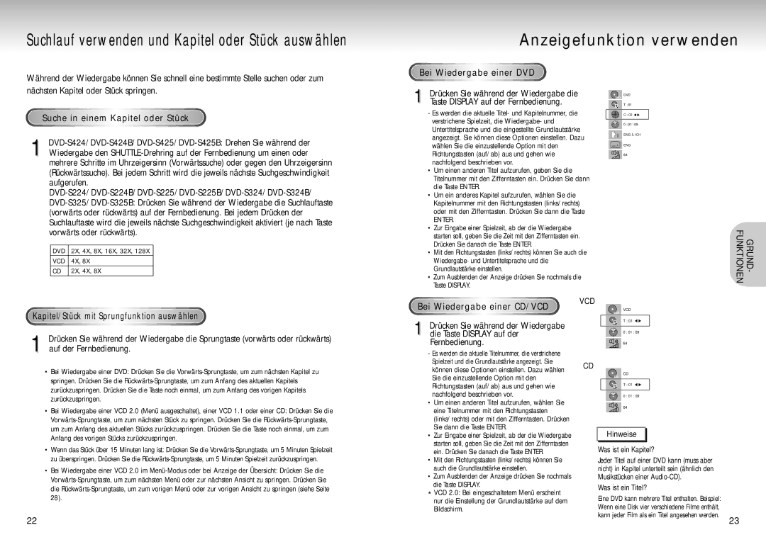 Samsung DVD-S424/XEG manual Suche in einem Kapitel oder Stück, Bei Wiedergabe einer DVD, Bei Wiedergabe einer CD/VCD, Enter 