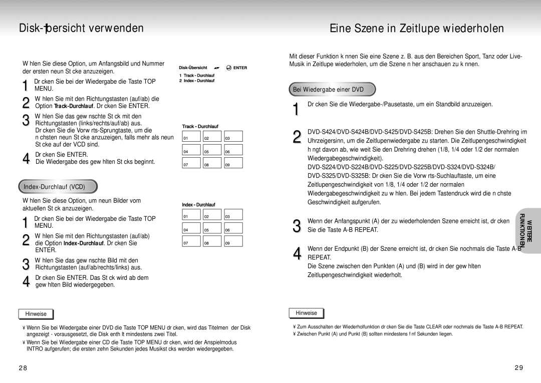 Samsung DVD-S424/XEG Disk-Übersicht verwenden, Eine Szene in Zeitlupe wiederholen, Track-DurchlaufVCD, Index-DurchlaufVCD 