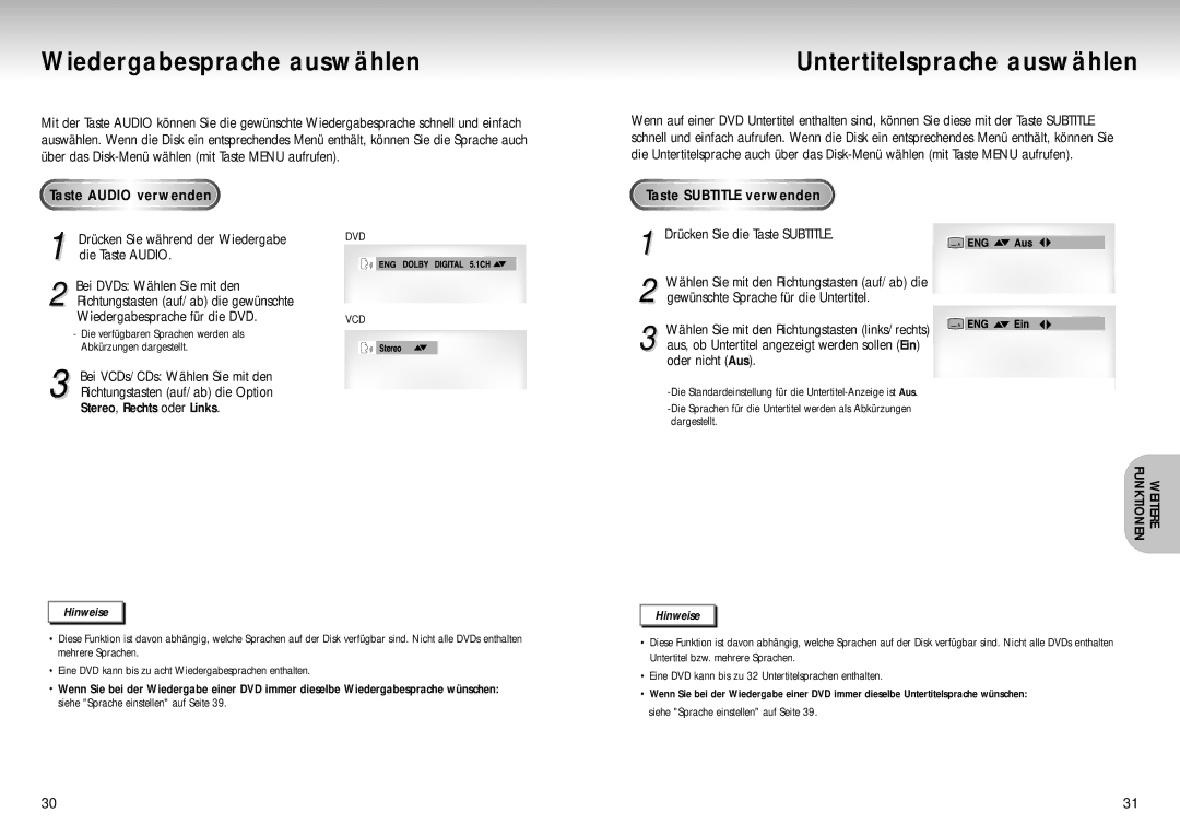 Samsung DVD-S424/XEG manual Wiedergabesprache auswählen, Untertitelsprache auswählen, Taste Audio verwenden 