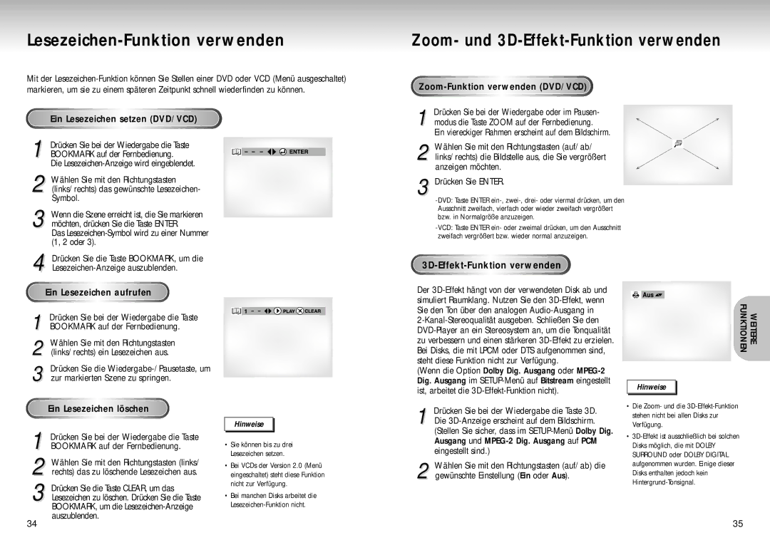 Samsung DVD-S424/XEG manual Zoom- und 3D-Effekt-Funktion verwenden, Zoom-Funktionverwenden DVD/VCD 