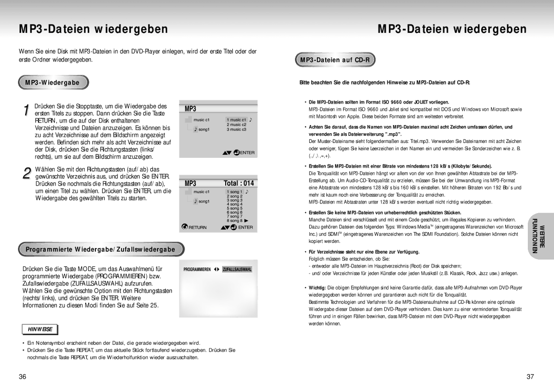 Samsung DVD-S424/XEG manual MP3-Dateien wiedergeben, MP3-Wiedergabe, Programmierte Wiedergabe/Zufallswiedergabe 