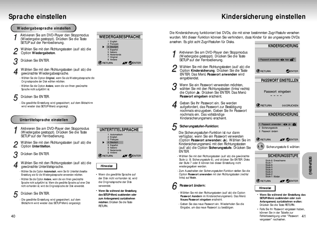 Samsung DVD-S424/XEG manual Kindersicherung einstellen, Wiedergabesprache einstellen, Untertitelsprache einstellen, Return 