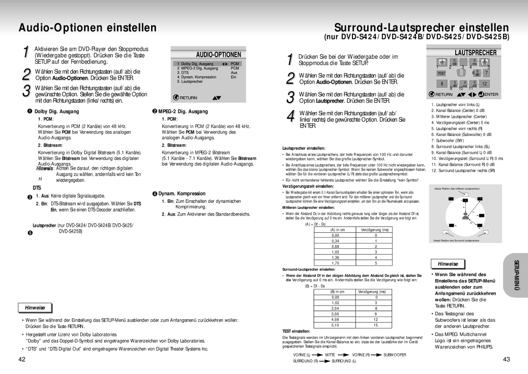 Samsung DVD-S424/XEG manual Audio-Optionen einstellen Surround-Lautsprecher einstellen, Dts 