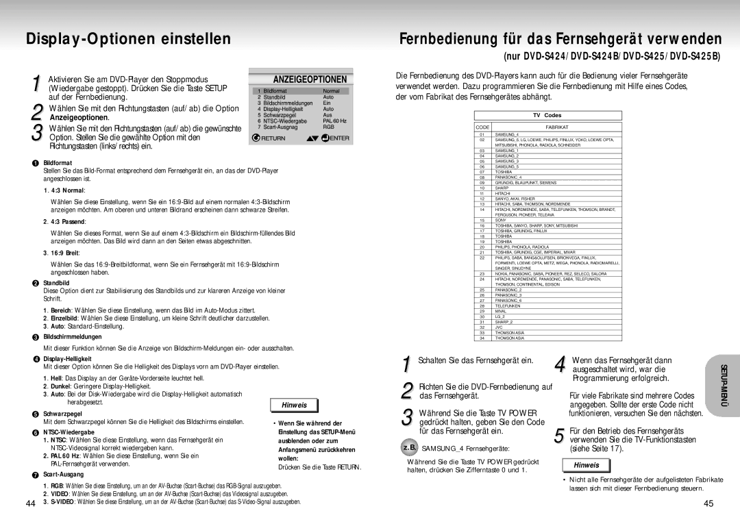 Samsung DVD-S424/XEG manual Display-Optionen einstellen, Programmierung erfolgreich 