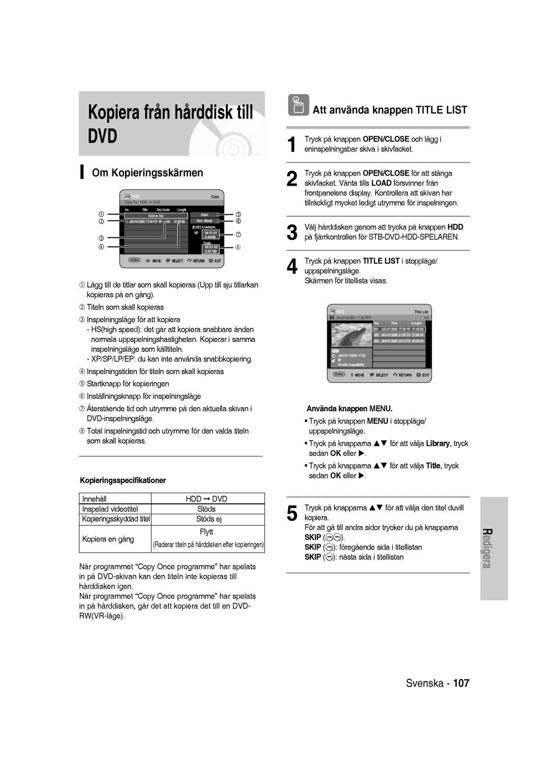 Samsung DVD-SH830/XEE manual Om Kopieringsskärmen, Att använda knappen Title List, Kopieringsspecifikationer 