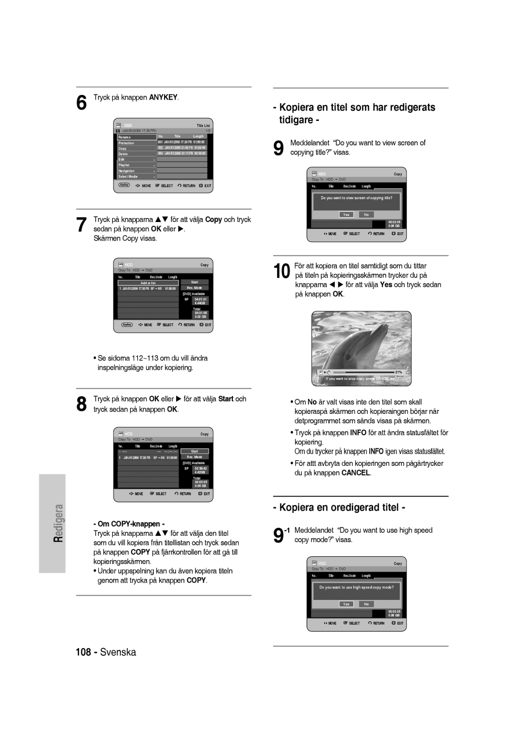 Samsung DVD-SH830/XEE manual Kopiera en titel som har redigerats tidigare, Kopiera en oredigerad titel, Om COPY-knappen 