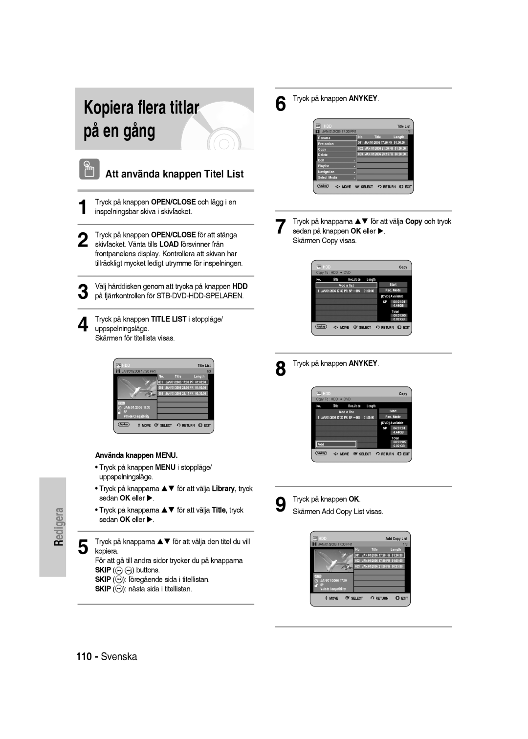 Samsung DVD-SH830/XEE manual Tryck på knappen Title List i stoppläge, Buttons, Skärmen Copy visas 