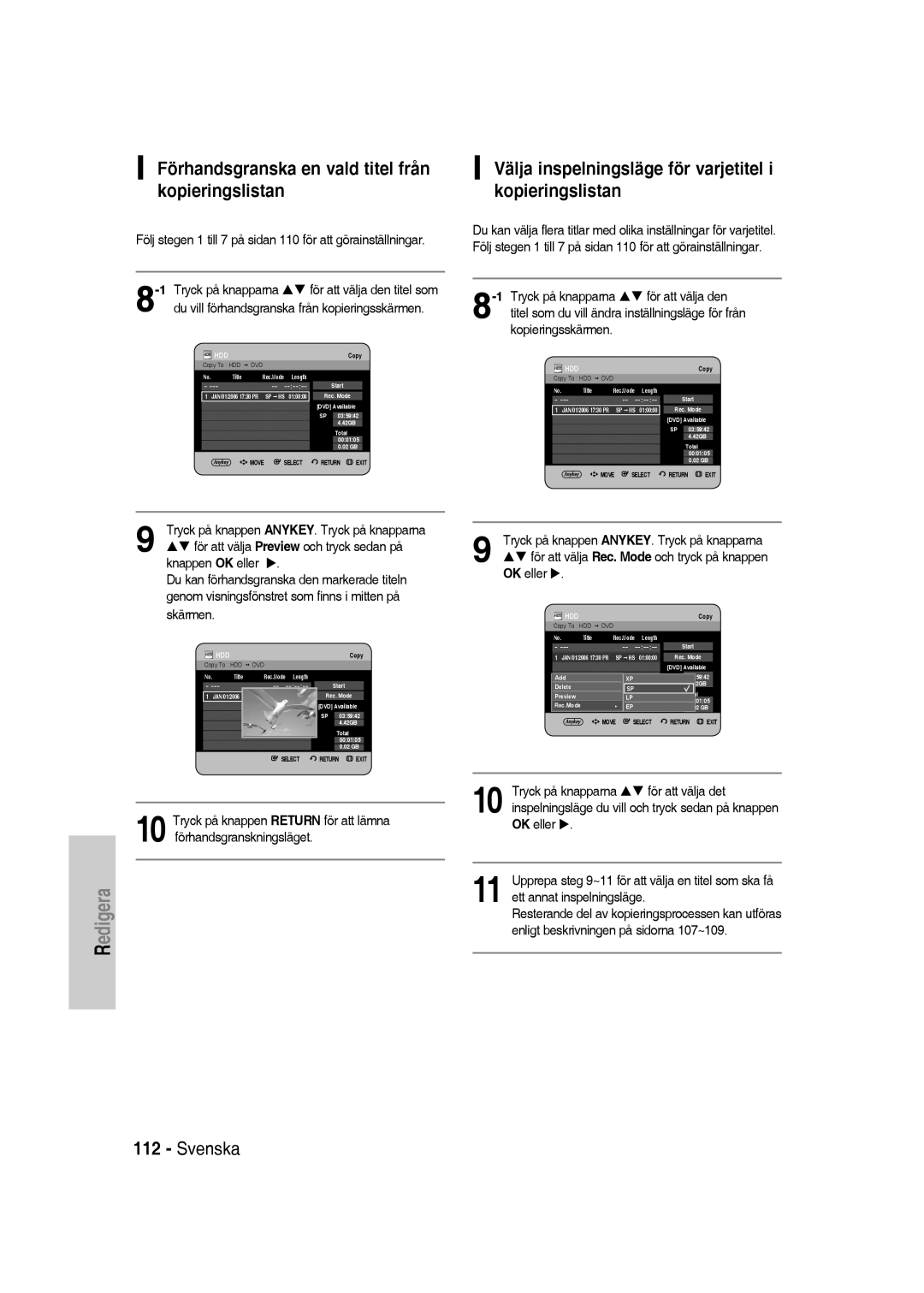 Samsung DVD-SH830/XEE manual Förhandsgranska en vald titel från kopieringslistan, Knappen OK eller, Skärmen 