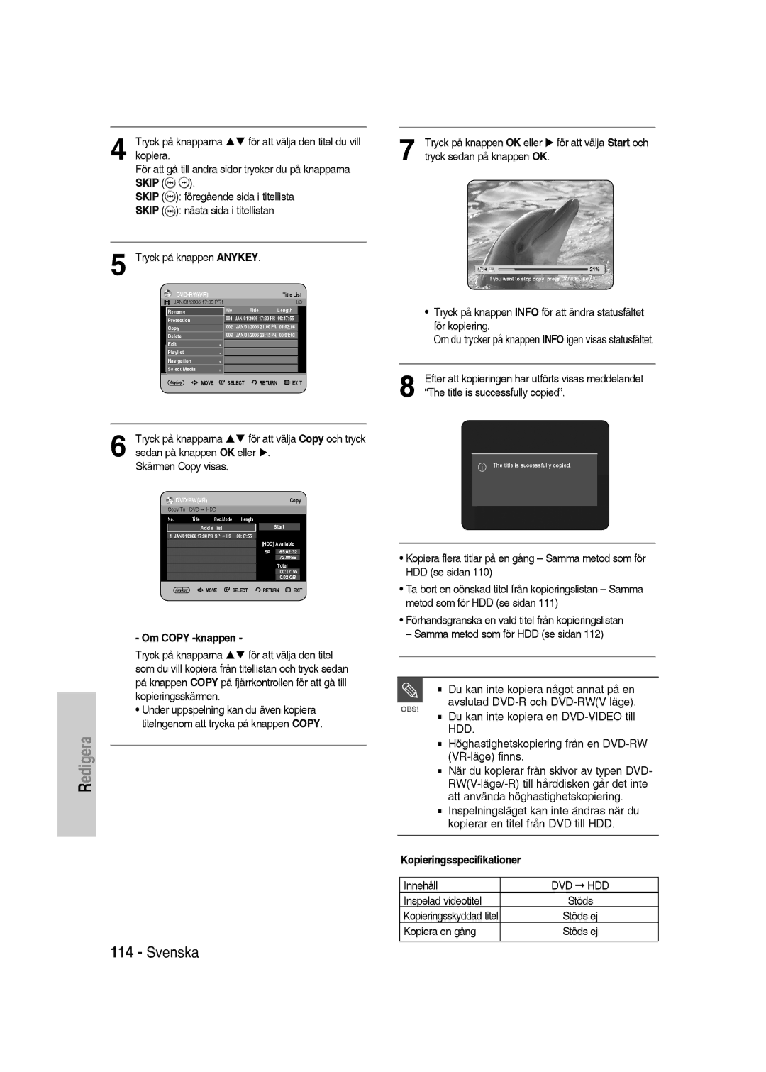 Samsung DVD-SH830/XEE manual Föregående sida i titellista, Om Copy -knappen, För att välja den titel, För kopiering 