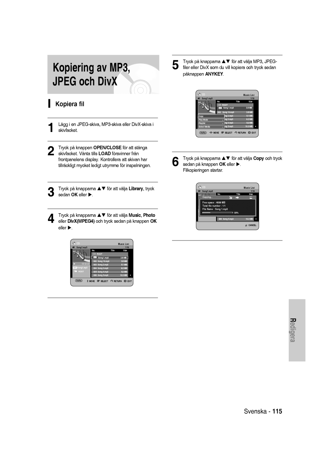 Samsung DVD-SH830/XEE manual Kopiering av MP3 Jpeg och DivX, Kopiera fil 