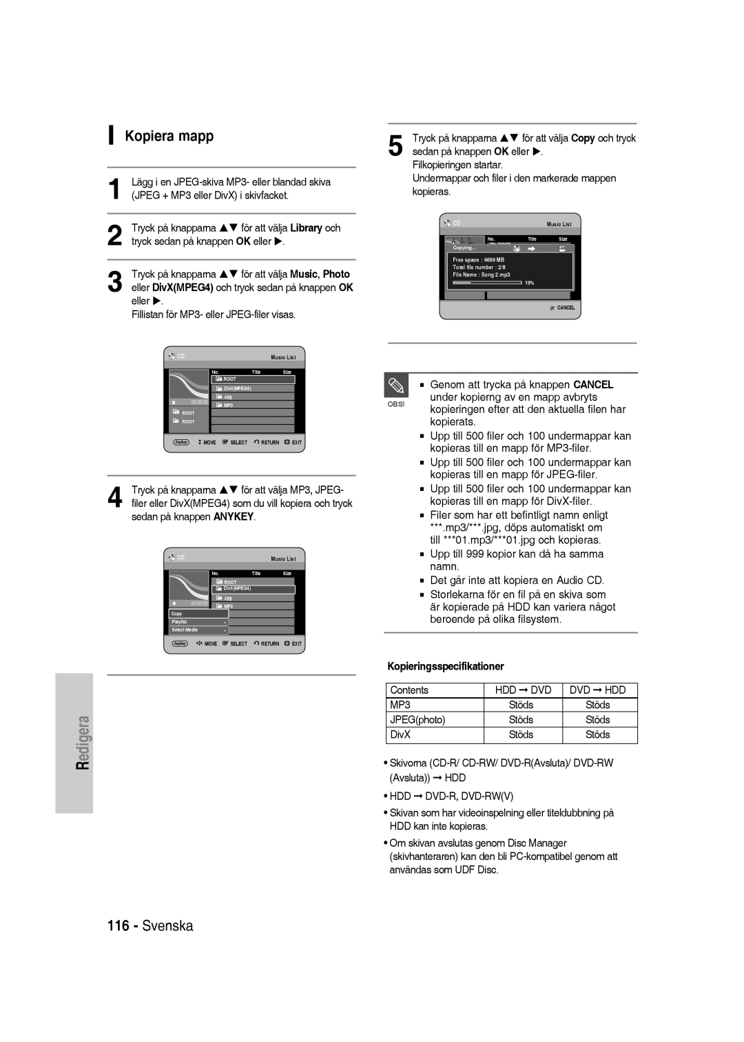 Samsung DVD-SH830/XEE manual Kopiera mapp 