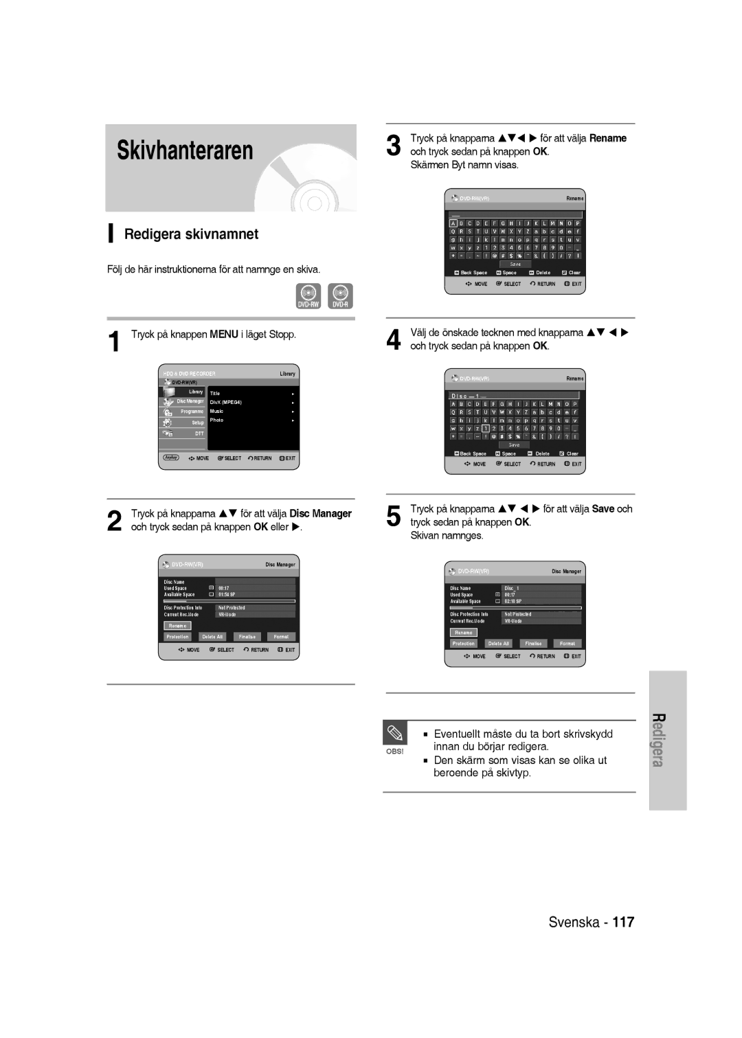 Samsung DVD-SH830/XEE manual Skivhanteraren, Redigera skivnamnet, För att välja Save och 