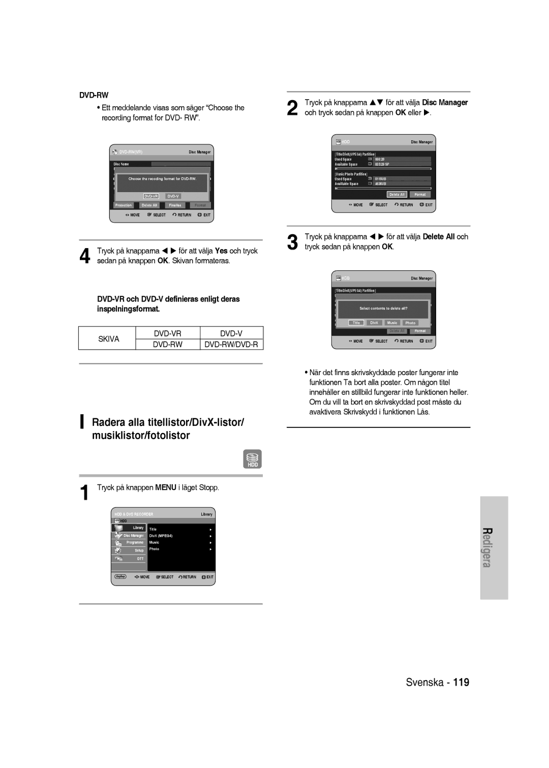 Samsung DVD-SH830/XEE manual Radera alla titellistor/DivX-listor/ musiklistor/fotolistor 