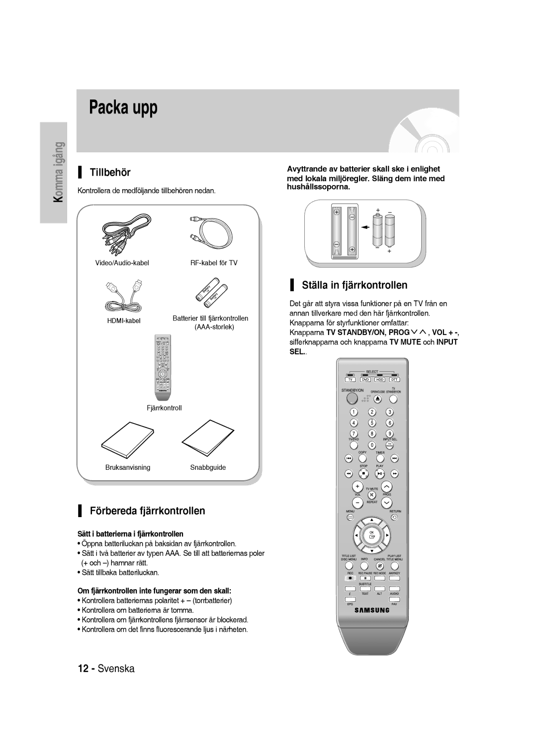 Samsung DVD-SH830/XEE manual Packa upp, Förbereda fjärrkontrollen, Ställa in fjärrkontrollen 