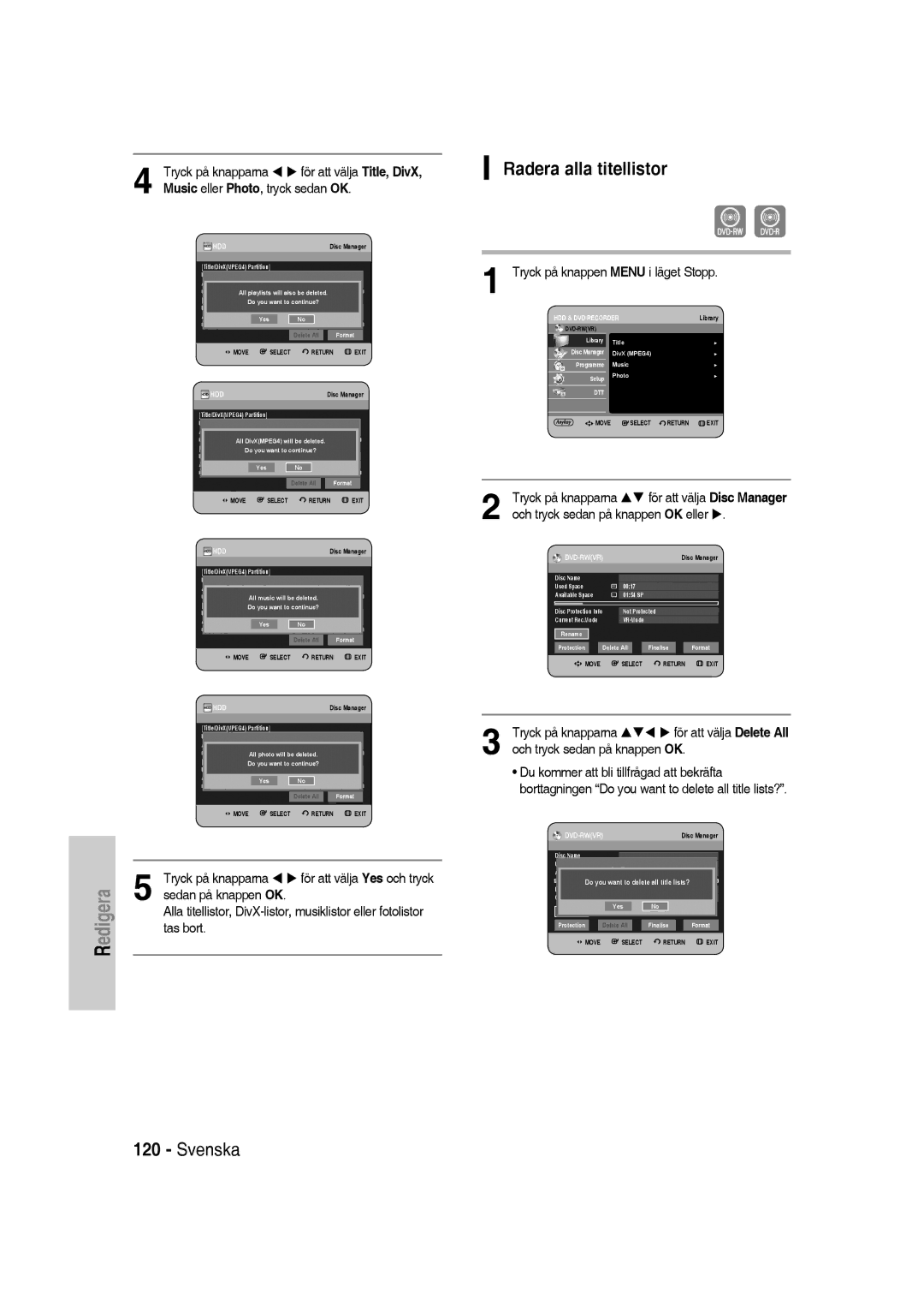 Samsung DVD-SH830/XEE manual Radera alla titellistor, Tas bort Tryck på knappen Menu i läget Stopp 