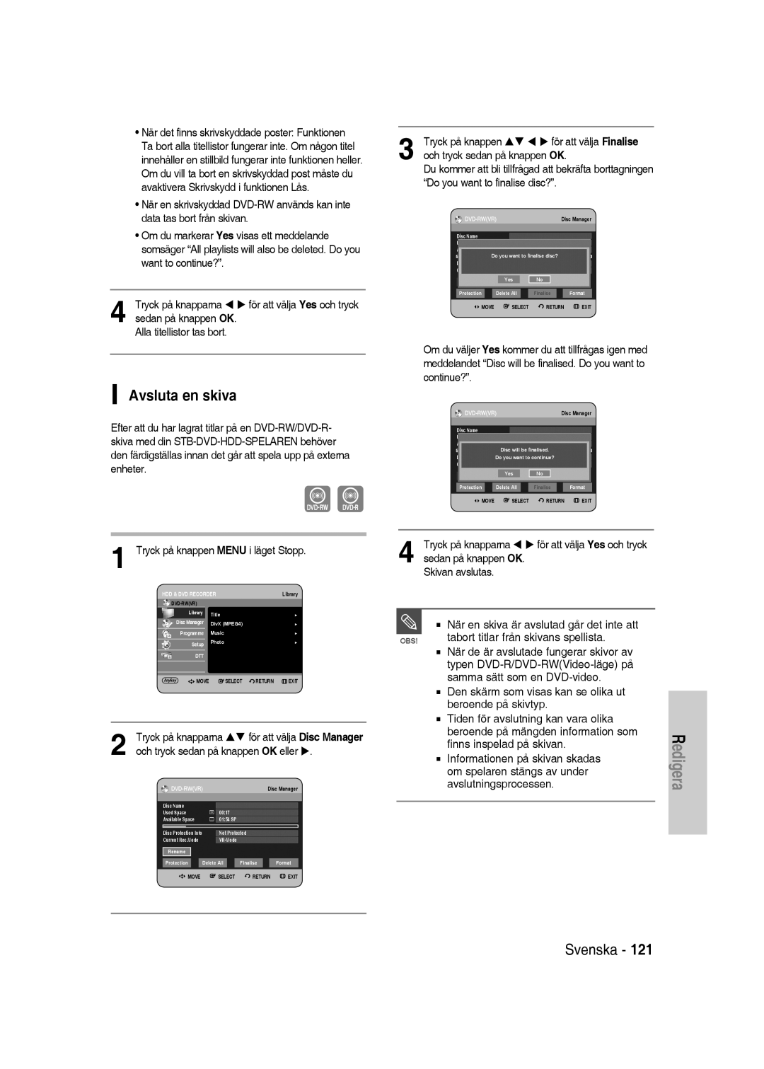 Samsung DVD-SH830/XEE manual Avsluta en skiva 