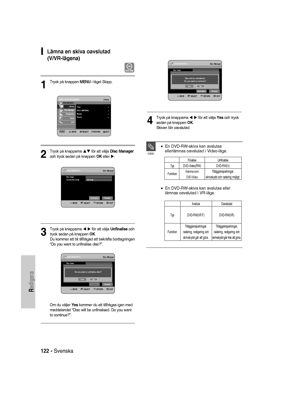 Samsung DVD-SH830/XEE manual Lämna en skiva oavslutad V/VR-lägena, Dvd-Rwvrf 