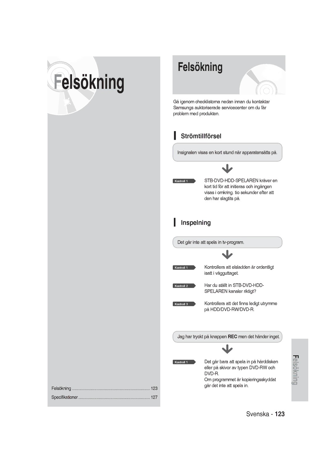 Samsung DVD-SH830/XEE manual Felsökning, Strömtillförsel, Inspelning 