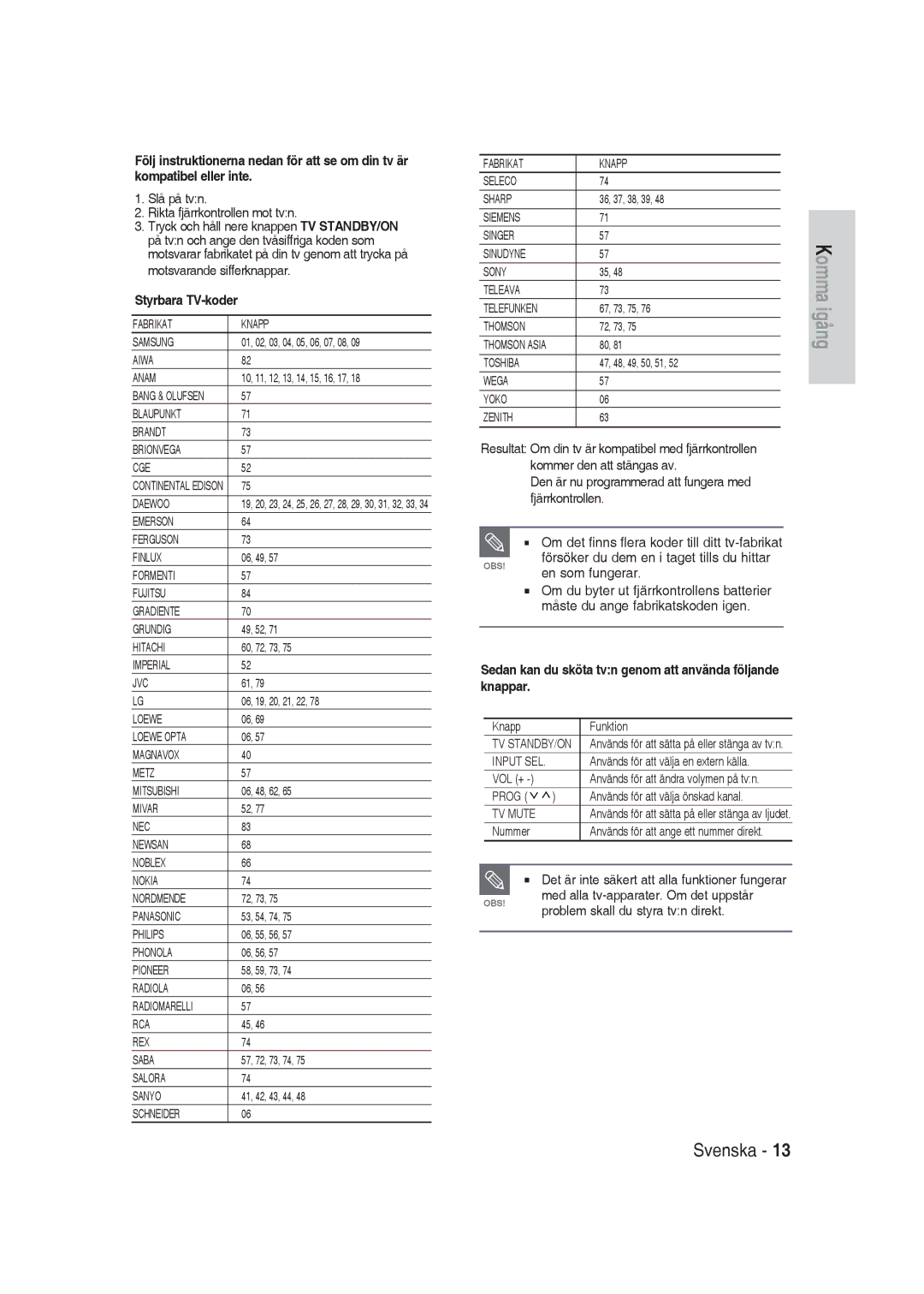 Samsung DVD-SH830/XEE manual Styrbara TV-koder, Sedan kan du sköta tvn genom att använda följande knappar 