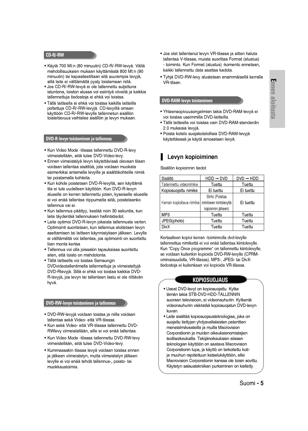 Samsung DVD-SH830/XEE manual Levyn kopioiminen, Sisällön kopioinnin tiedot Sisältö, Ei tuettu, Kopiosuojattu nimike 