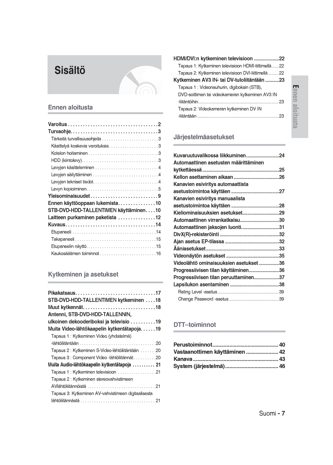 Samsung DVD-SH830/XEE manual Sisältö, Automaattinen asetusten määrittäminen, Kanavien esiviritys automaattista 