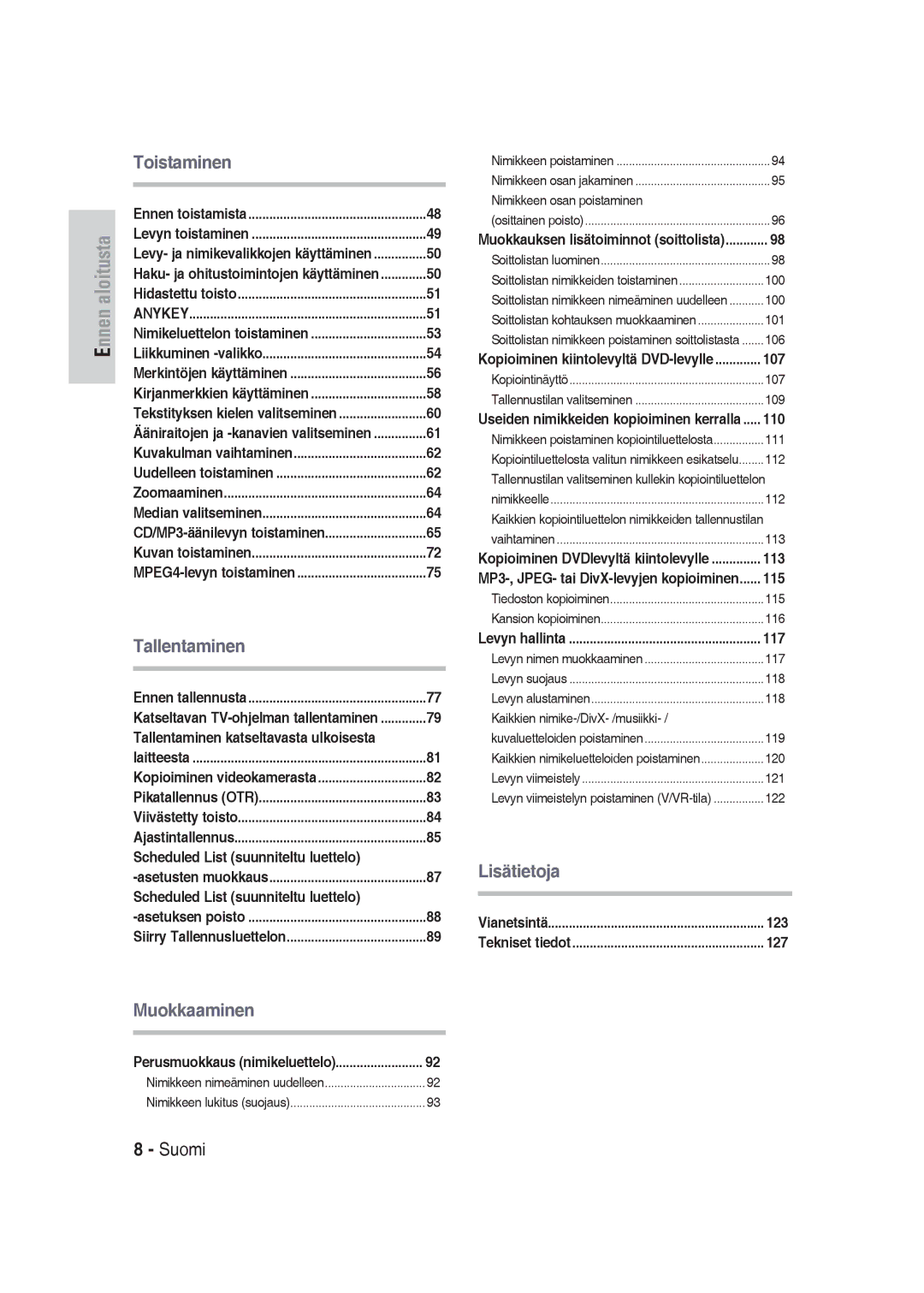 Samsung DVD-SH830/XEE manual Tallentaminen katseltavasta ulkoisesta, Scheduled List suunniteltu luettelo, 123, 127 