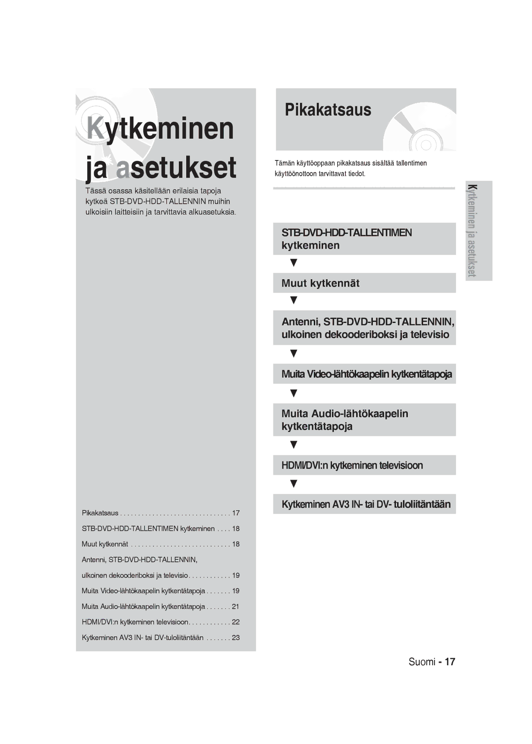 Samsung DVD-SH830/XEE manual Pikakatsaus, Muut kytkennät, Kytkeminen AV3 IN- tai DV- tuloliitäntään 