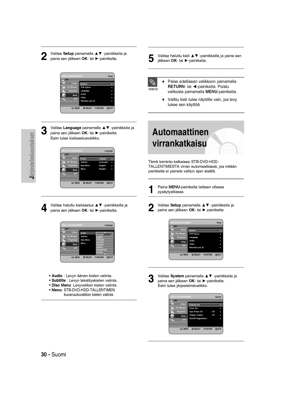 Samsung DVD-SH830/XEE manual Automaattinen virrankatkaisu 