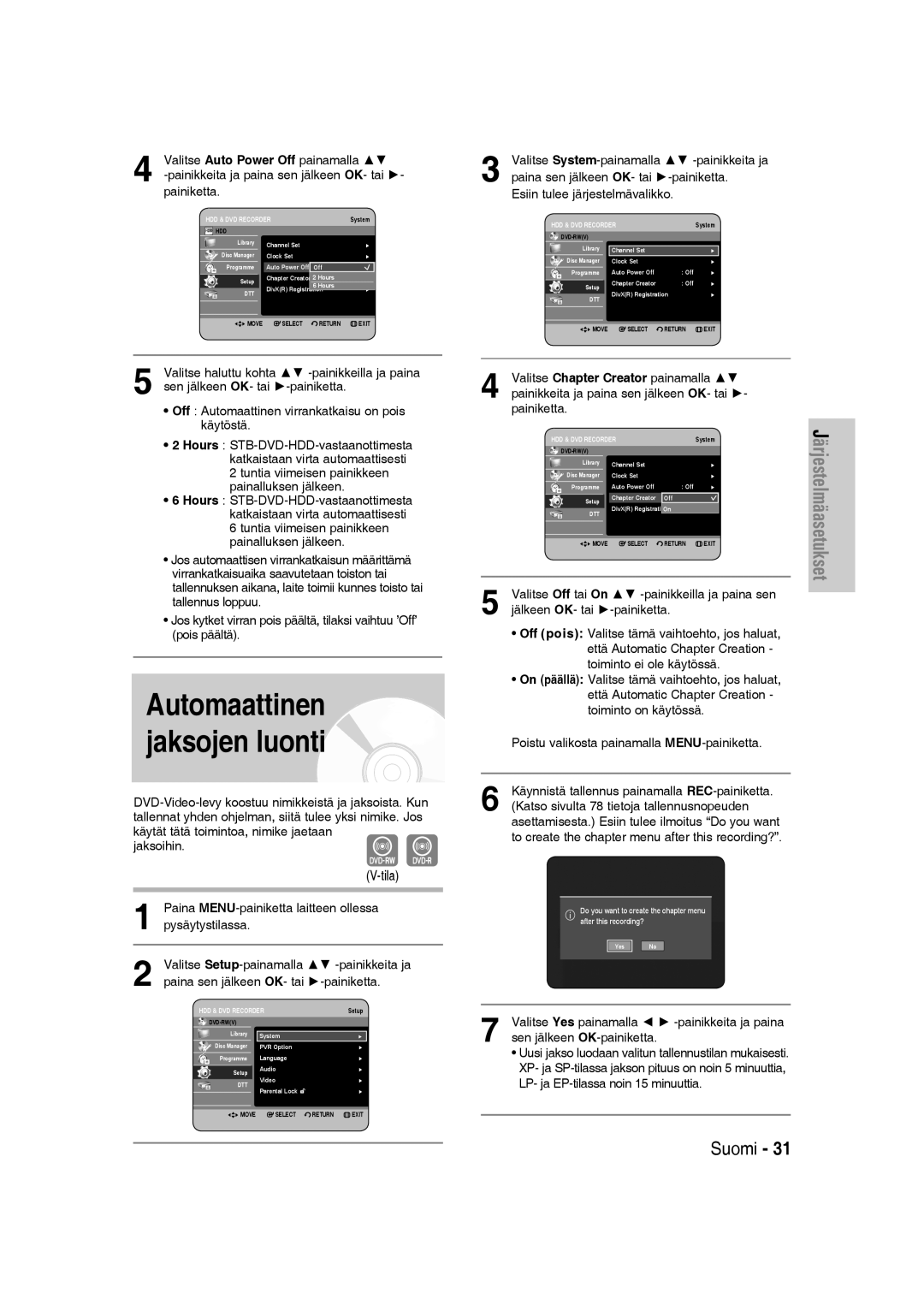 Samsung DVD-SH830/XEE manual Automaattinen jaksojen luonti, Tila 