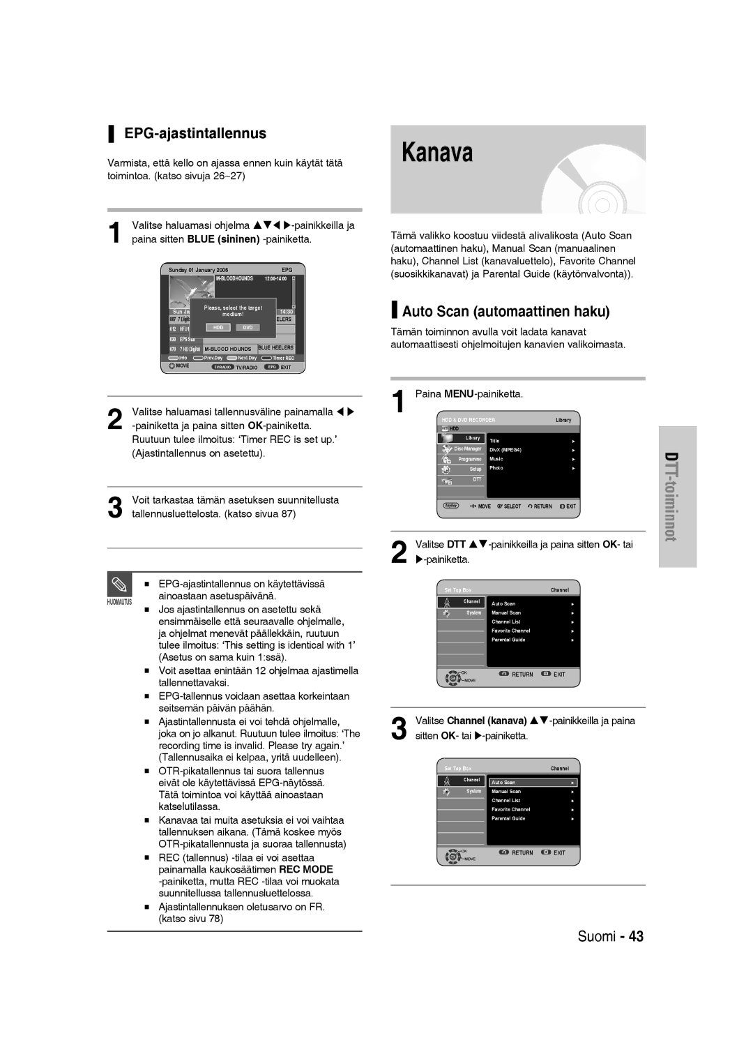 Samsung DVD-SH830/XEE manual Kanava, EPG-ajastintallennus, Auto Scan automaattinen haku, Valitse DTT, Painiketta 