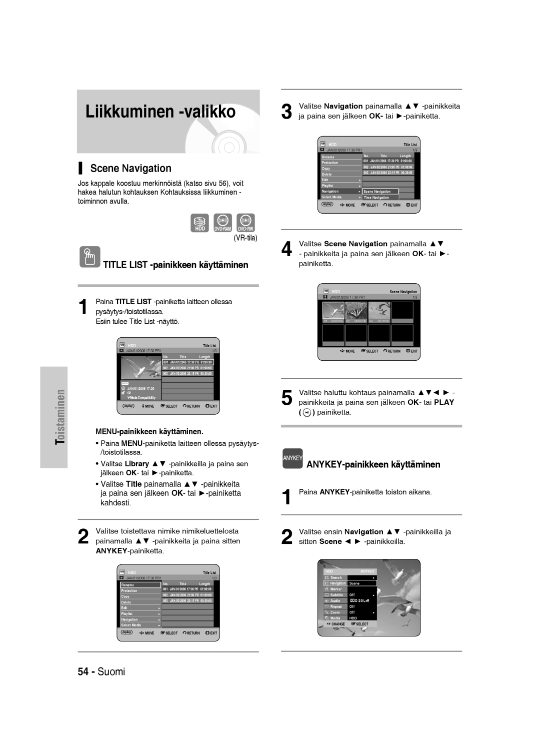 Samsung DVD-SH830/XEE manual Liikkuminen -valikko, Scene Navigation, ANYKEY-painikkeen käyttäminen, VR-tila 