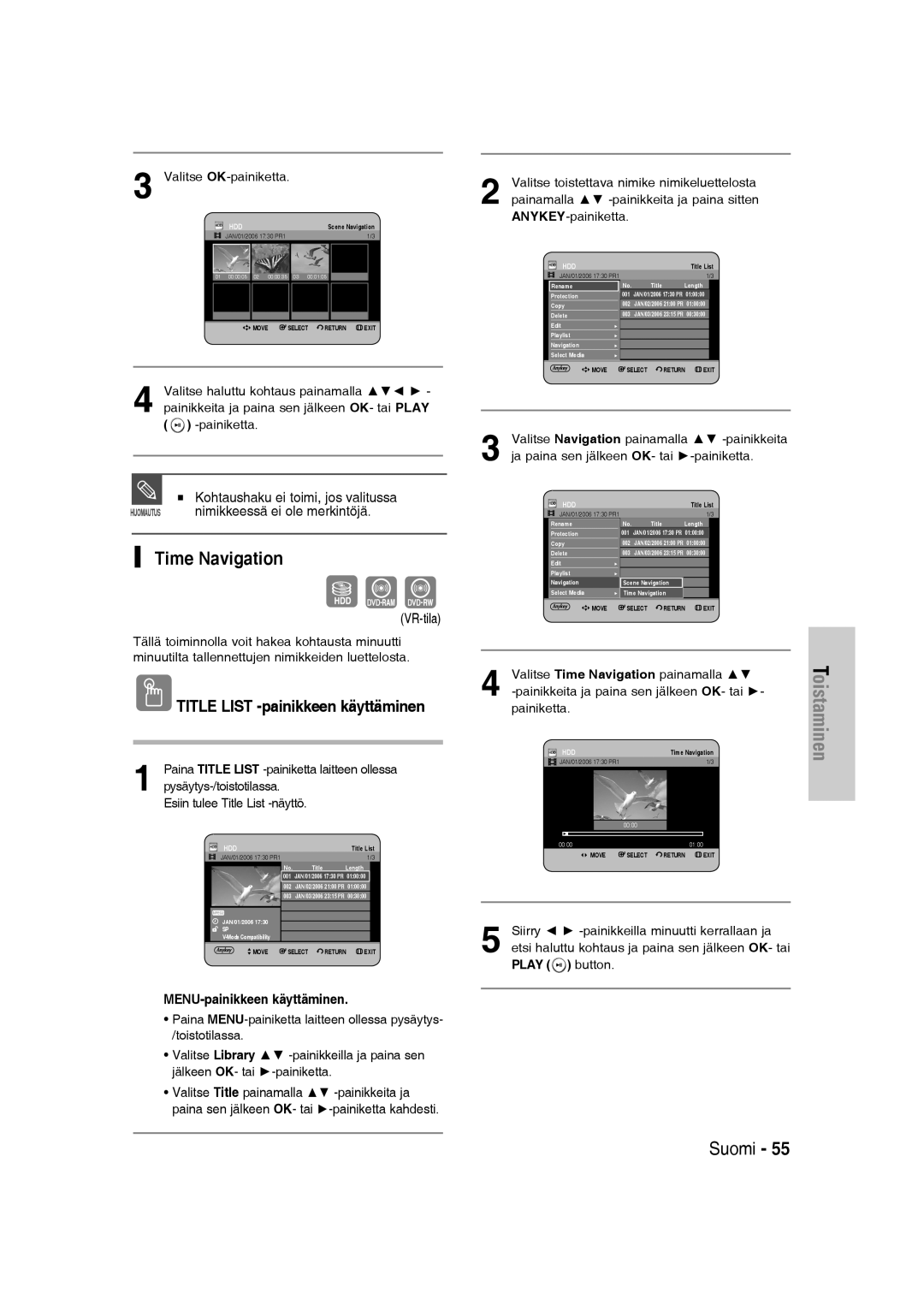 Samsung DVD-SH830/XEE manual Time Navigation, Kohtaushaku ei toimi, jos valitussa, Nimikkeessä ei ole merkintöjä 