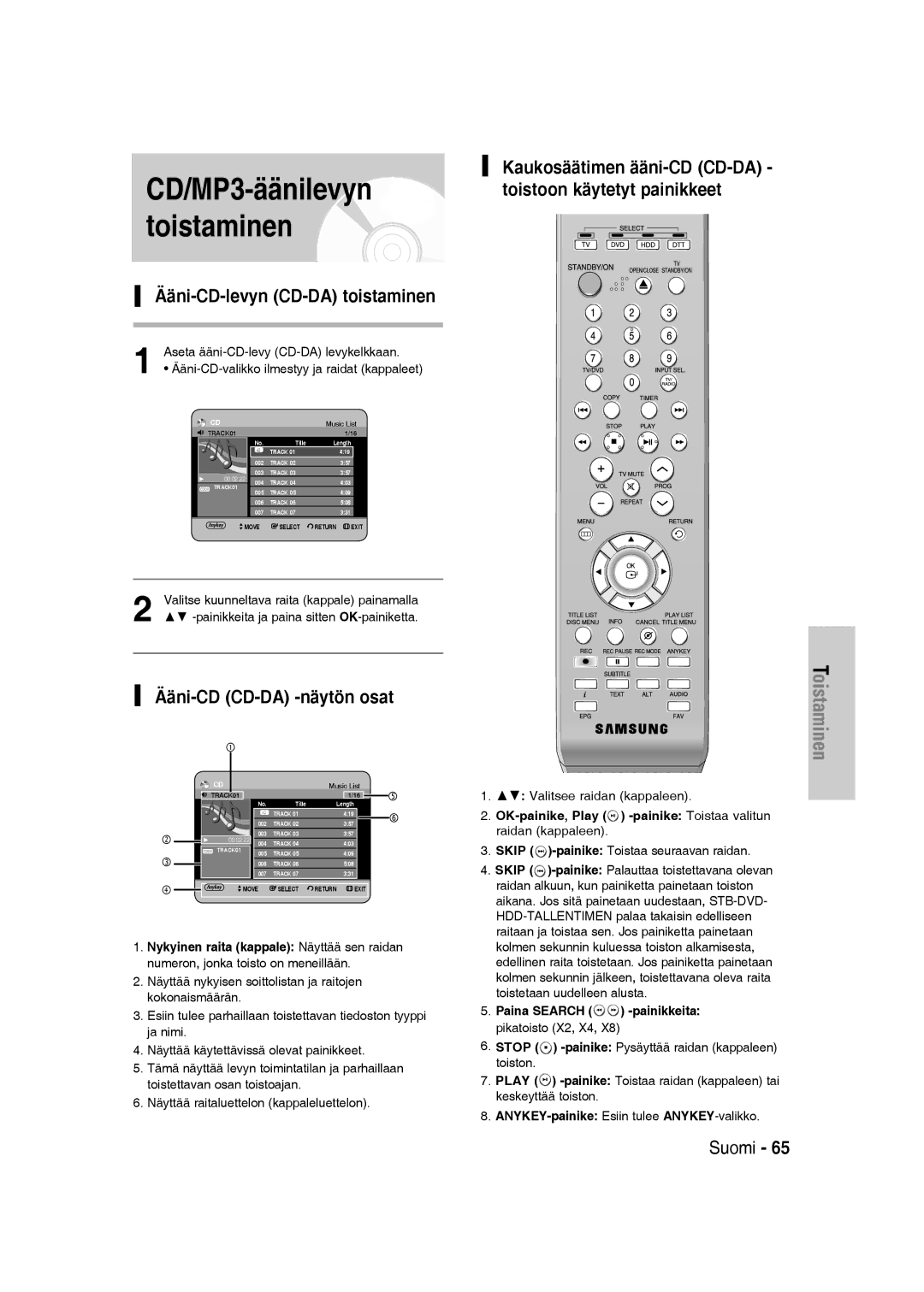 Samsung DVD-SH830/XEE Ääni-CD-levyn CD-DA toistaminen, Ääni-CD CD-DA -näytön osat, Aseta ääni-CD-levy CD-DA levykelkkaan 