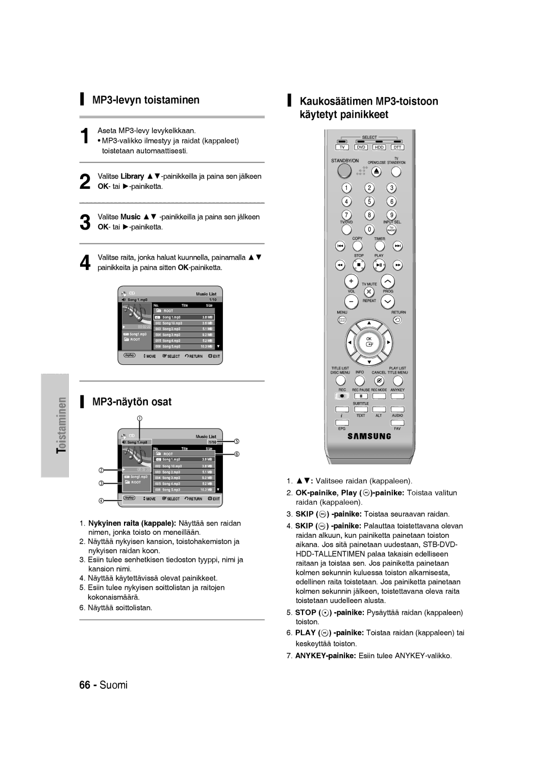 Samsung DVD-SH830/XEE manual MP3-levyn toistaminen, Kaukosäätimen MP3-toistoon käytetyt painikkeet 