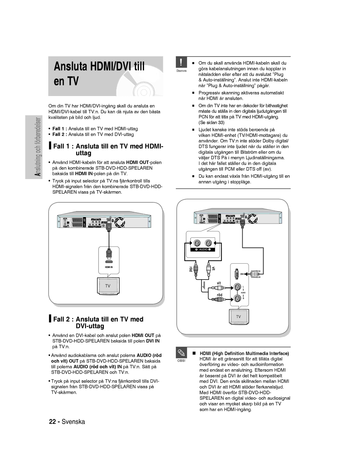 Samsung DVD-SH830/XEE manual Uttag, Fall 2 Ansluta till en TV med DVI-uttag, Fall 1 Ansluta till en TV med Hdmi 