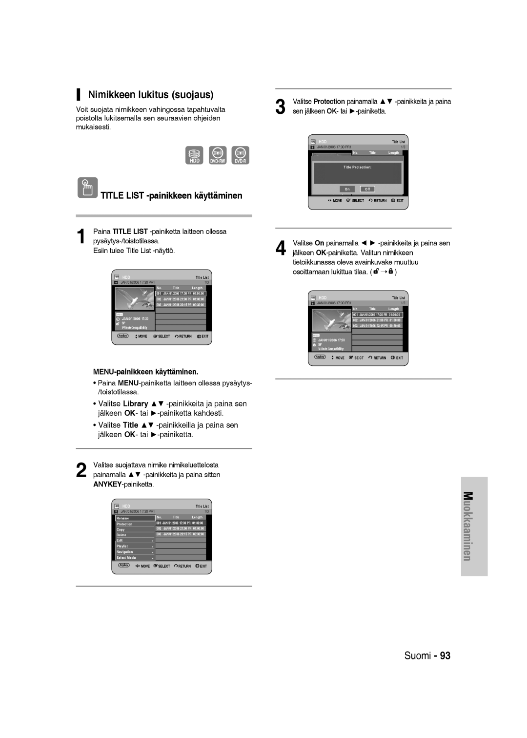 Samsung DVD-SH830/XEE manual Nimikkeen lukitus suojaus 