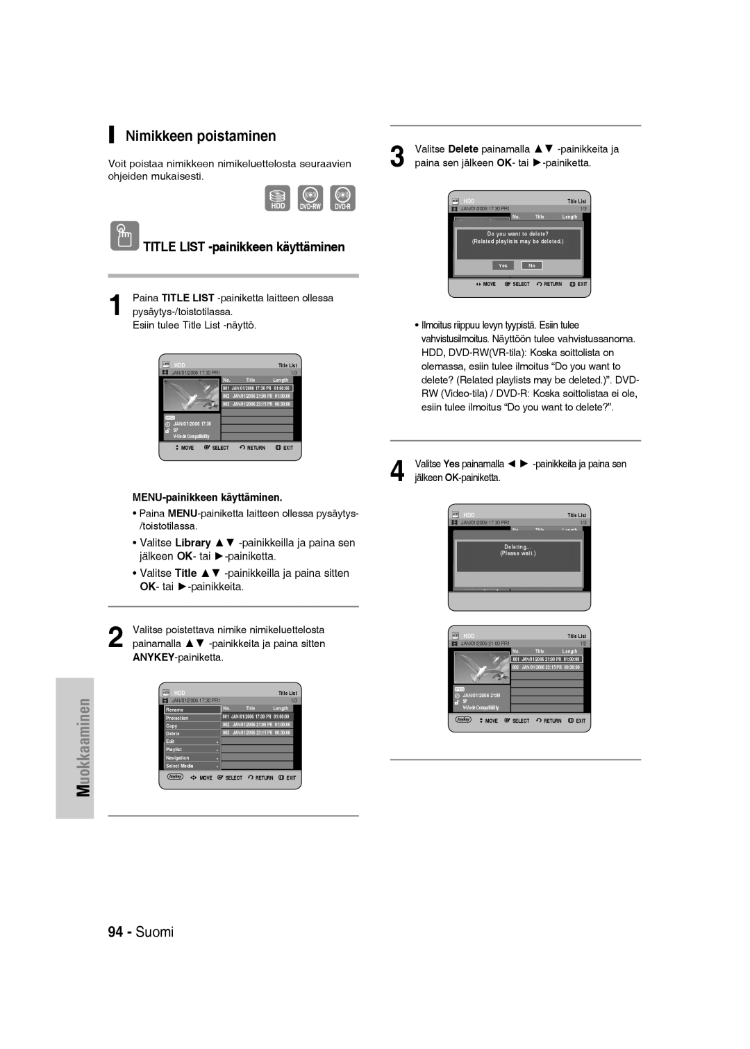 Samsung DVD-SH830/XEE manual Nimikkeen poistaminen 