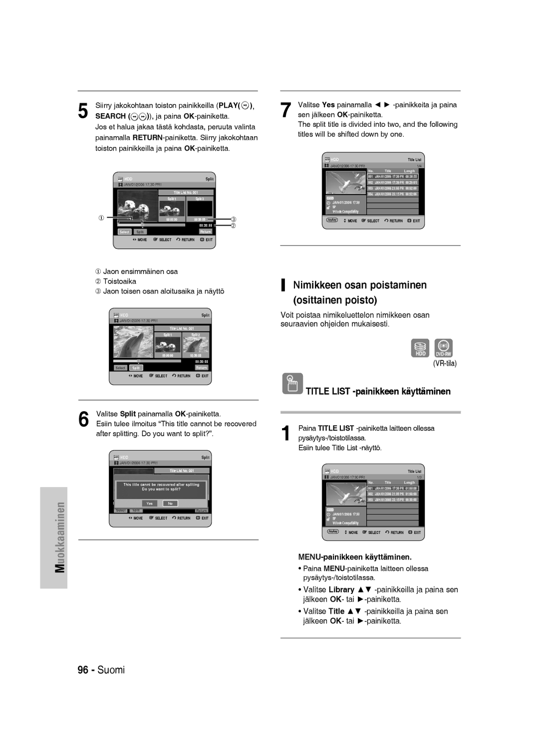 Samsung DVD-SH830/XEE manual Nimikkeen osan poistaminen osittainen poisto 