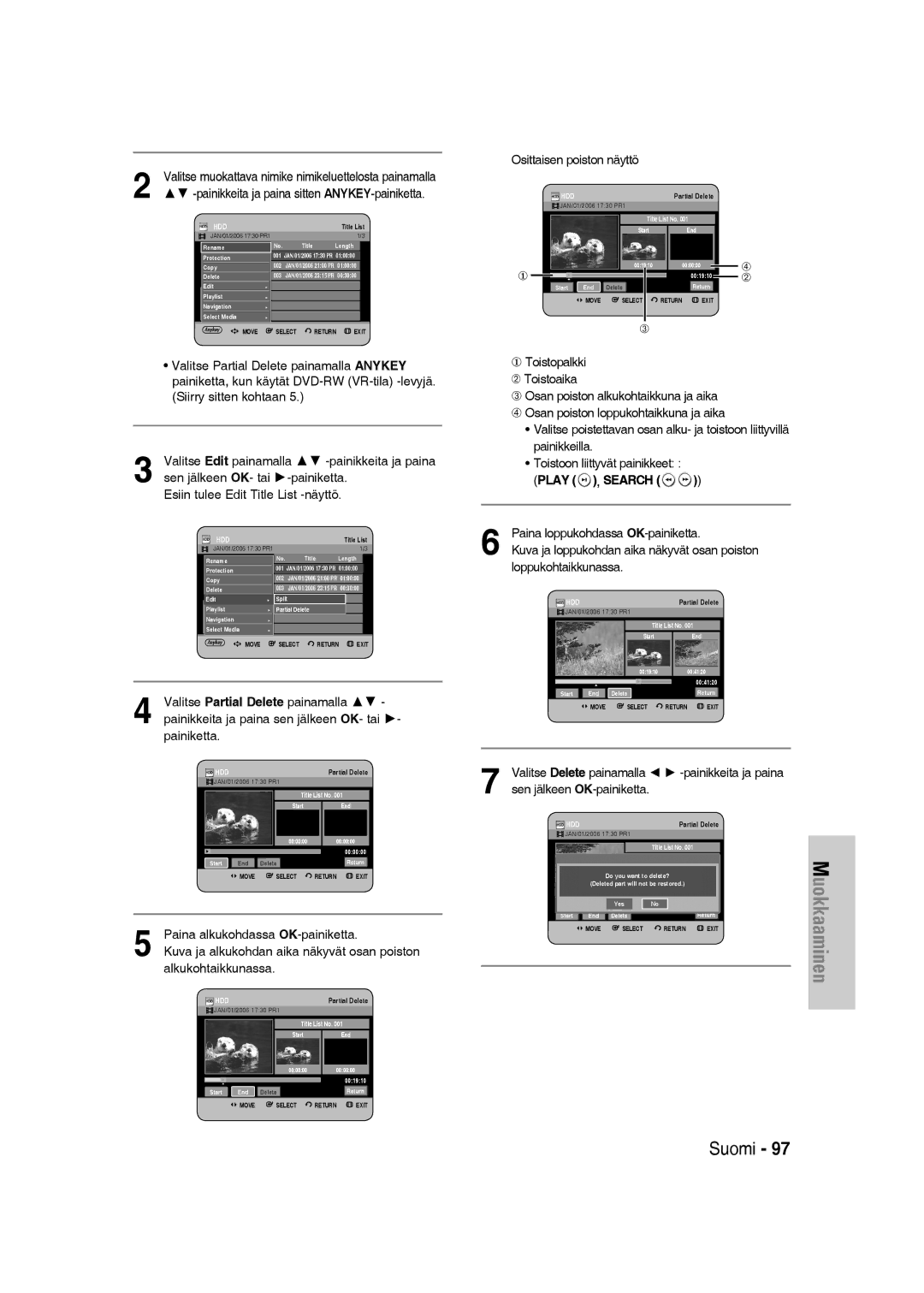 Samsung DVD-SH830/XEE manual Esiin tulee Edit Title List -näyttö, Play , Search 