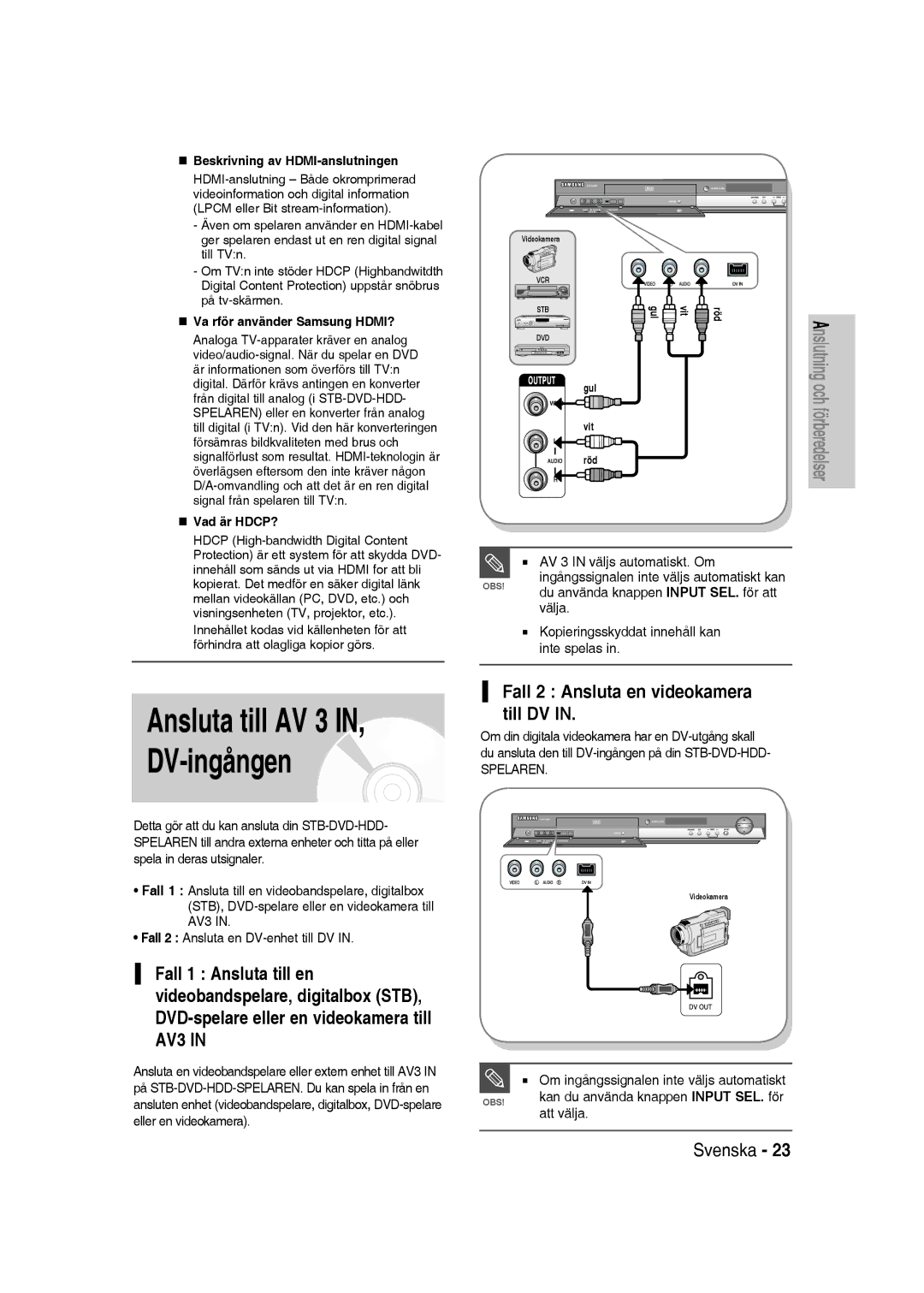 Samsung DVD-SH830/XEE manual Ansluta till AV 3 DV-ingången, Fall 2 Ansluta en videokamera till DV 